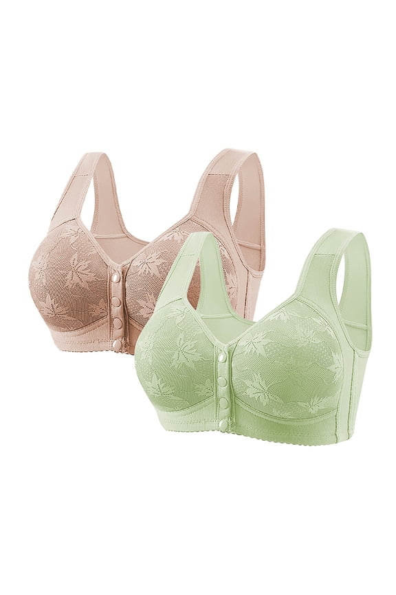 2 PCS Womens Front Closure Wireless Bras Full Coverage Push Up Bralettes Modest Embroidered Wide Straps Bras Multicolor, 40/90BC