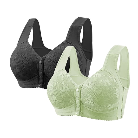 2 PCS Womens Front Closure Wireless Bras Full Coverage Push Up Bralettes Modest Embroidered Wide Straps Bras Multicolor, 42/95BC