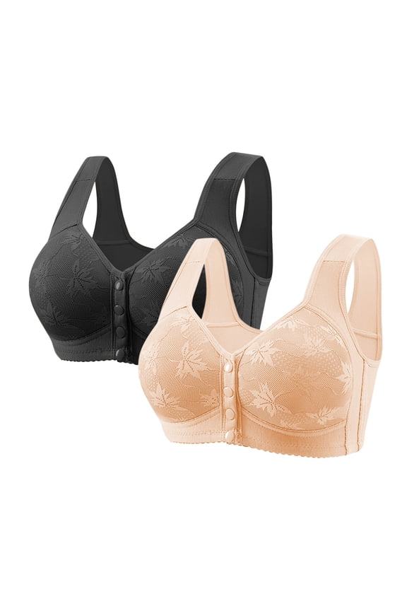 2 PCS Womens Front Closure Wireless Bras Full Coverage Push Up Bralettes Modest Embroidered Wide Straps Bras Multicolor, 44/100BC