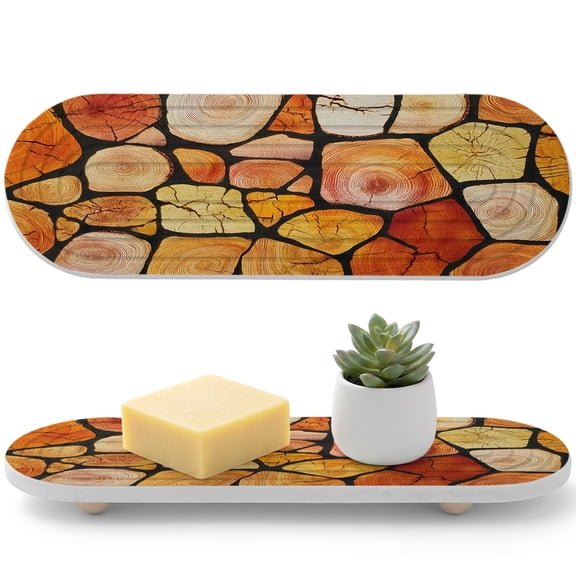 2 PCS Wood Slices Water Absorbent Diatomite Coasters Rustic Cottagecore Orange Brown Logs Tree Rings Non-silp Diatomite Stone Sink Tray with Grooved Design for Bathroom Kitchen Counter 12x4in
