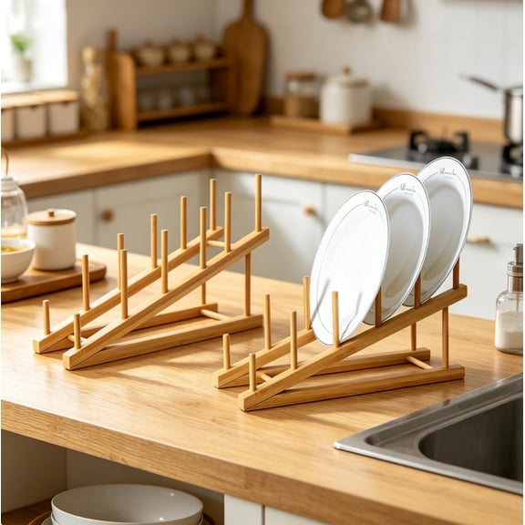 2 PCS Wooden Dish Drying Rack - Kitchen Cabinet Organizer for Plates, Bowls, Cups, Pot Lids & Cutting Boards