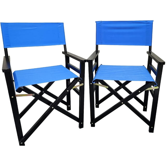 2 PCS Wooden Folding Director Chair, Outdoor Folding Wood Chair Set, Canvas Folding Chair for Balcony, Courtyard, Fishing, Camping (Blue)