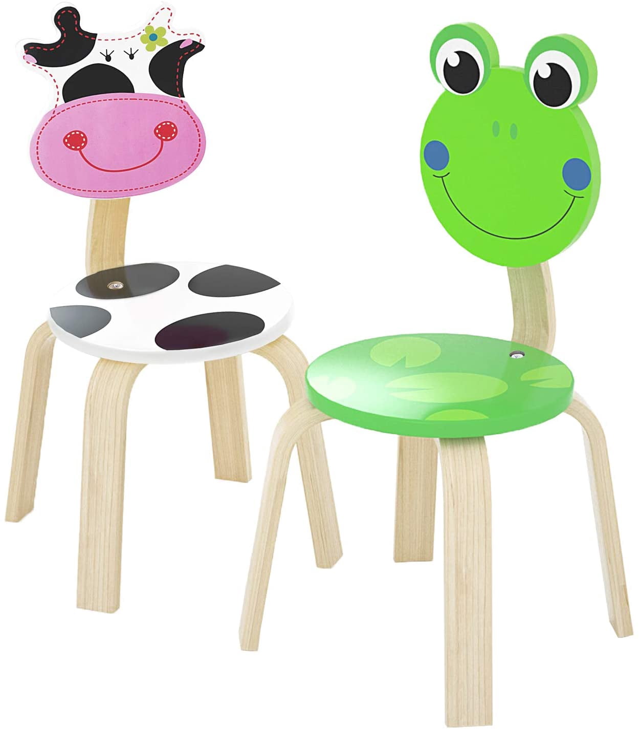 2 PCS Wooden Kids Chair Sets, Natural Hardwood Frog & Cow Animal ...