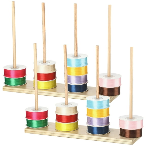 2 PCS Wooden Ribbon Holders, 3 Rods Spool Organizer Rack, Washi Tape Organizer Wire Spool Stand for Sewing and Craft Rooms