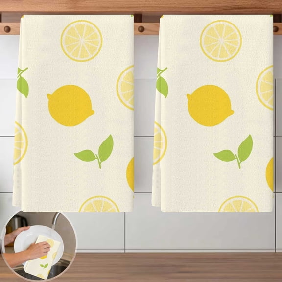 2 PCS Yellow Lemon Slices Dish Cloth Set - 40x60cm Reusable Kitchen Cleaning Cloths, Absorbent, Lint-Free Towels for Dishwashing, Countertop Wiping, Home Cleaning