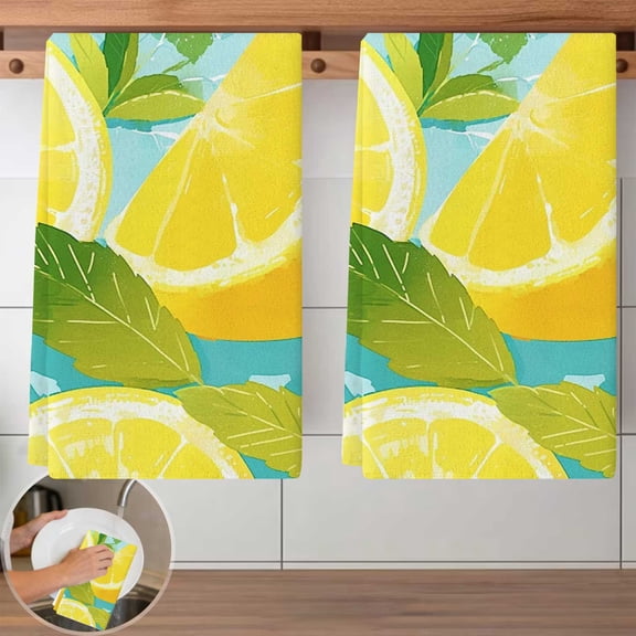 2 PCS Yellow Lemons and Leaves Dish Cloth Set - 40x60cm Reusable Kitchen Cleaning Cloths, Absorbent, Lint-Free Towels for Dishwashing, Countertop Wiping, Home Cleaning