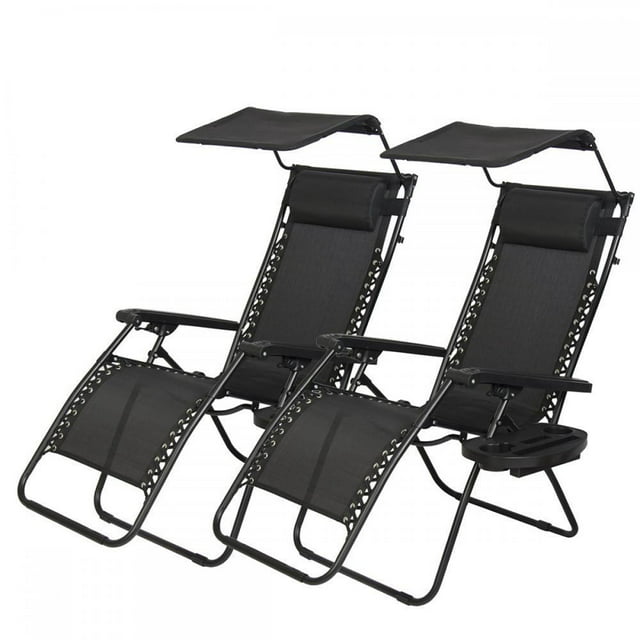 2 PCS Zero Gravity Chair Lounge Patio Chairs with canopy Cup Holder HO74