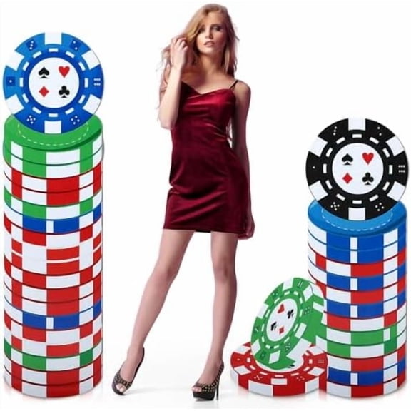 2 PCS cASINO nIGHT-tHEMED pARTY dECORATION 3d pOKER cHIP cOLUMN cARDBOARD cUTOUT sTAND-UPS sIGN cOLUMNS OF pOKER cHIPS pHOTO pROPS sTAND FOR cASINO nIGHT fUNDRAISER bACHELOR pARTY sUPPLY