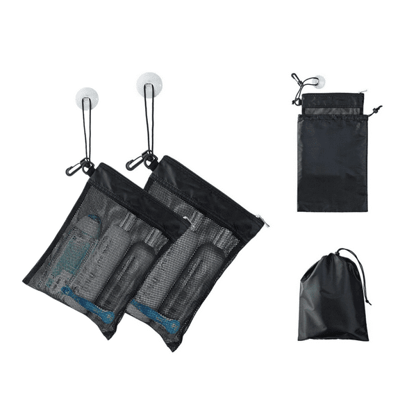 2 PCS cLightweight Black Toiletry Organizer Bag with Zipper and Drawstring Pouch