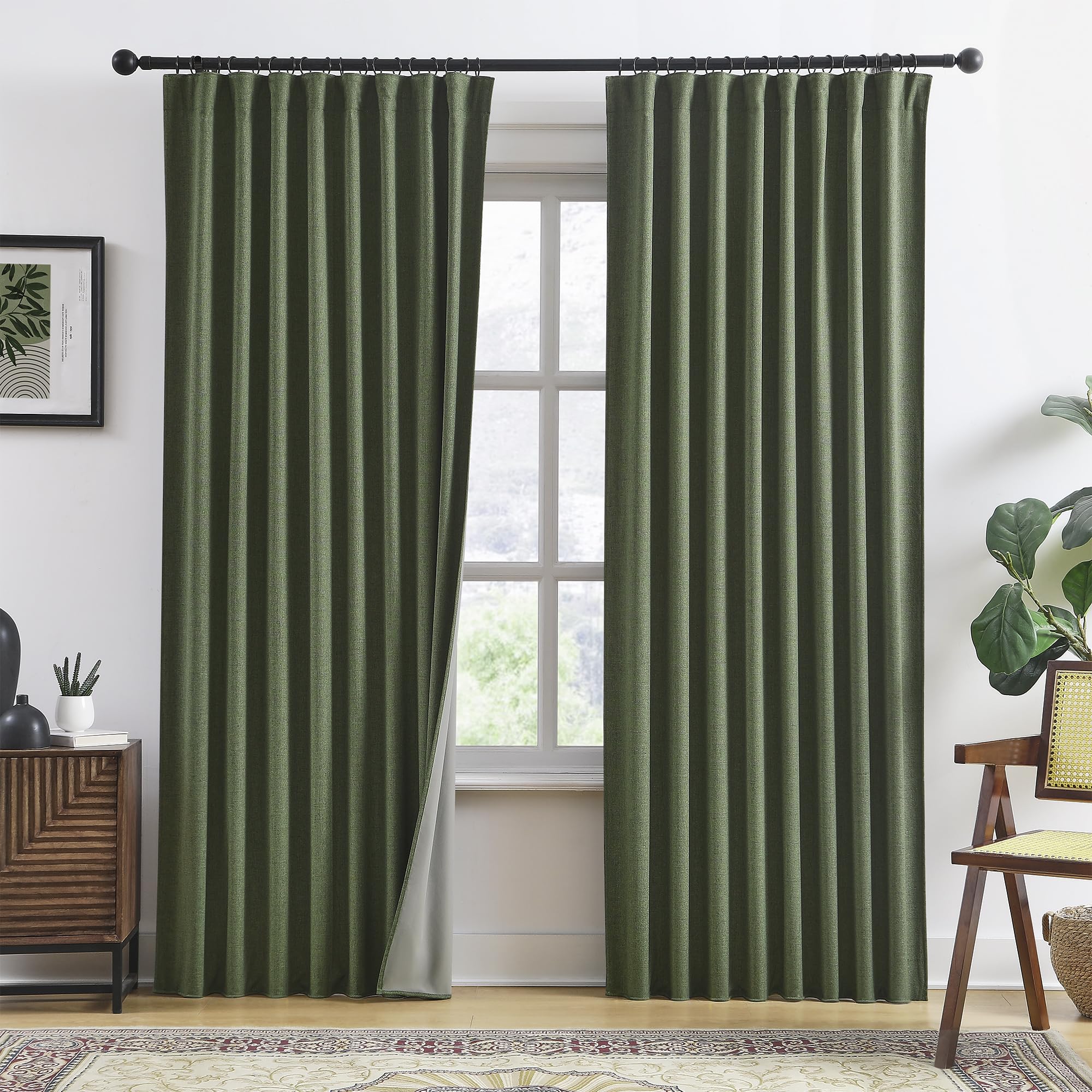 2 PCs Linen Blackout Curtains 84 Inches, Olive Green Pinch Pleated
