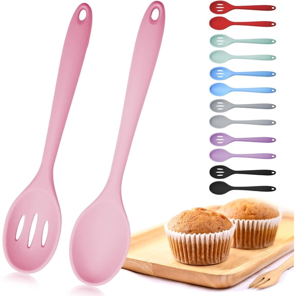 2 PCs Mixing Spoons, Silicone Slotted Spoon, Silicone Spoons for Cooking, Serving Spoons for Mixing, Serving, Draining, Stirring, Dishwasher Safe, Heat-Resistant, Non Stick Black Red Blue Pink