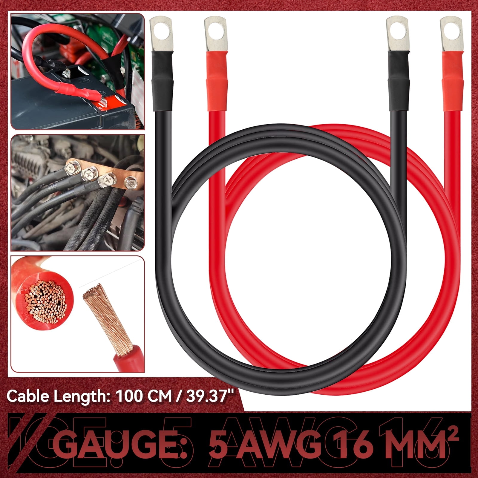2 PCs PVC Battery Inverter Cable Set 5AWG Positive Negative Cable 100cm 12V