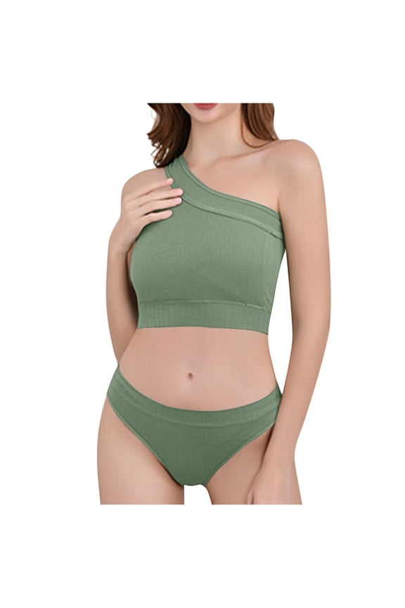 2 PCs Womens One Shoulder Sports Bra No Underwire Support Push-Up Bralettes Unpadded Seamless Full Coverage Bras Anti-Sagging Underwear Training Yoga Bra High Waisted Yoga Shorts Pjs Sleepwear