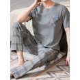 2 PCs mens soft cotton letter print short sleeve pajama tops & plaid