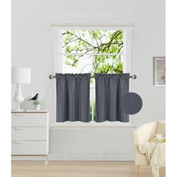 2 PIECES R16 CHARCOAL SOLID COLOR TIER PANELS ROD POCKET WINDOW CURTAIN KITCHEN RESTAURANT BATHROOM NURSERY VALANCE LIGHT FILTERING BLACKOUT SIZE 30" WIDE X 24" LENGTH EACH TIER