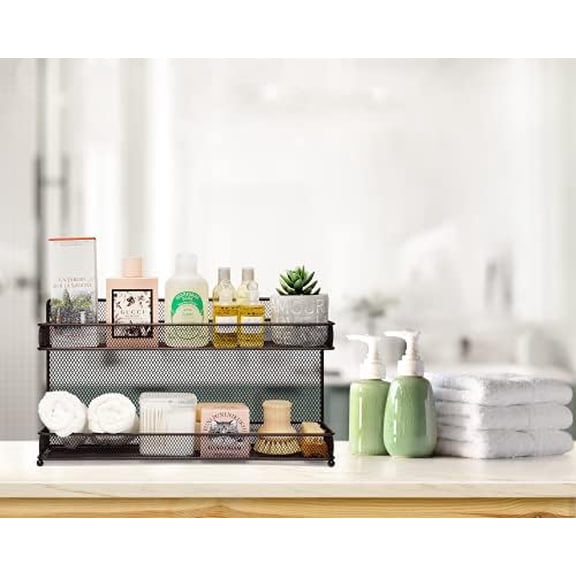 2 PK 2 Tier Mesh Kitchen Counter-top or Wall Mount Spice Rack Jars Storage Organizer, Bronze