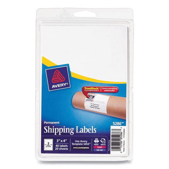 2 PK,Avery Shipping Labels with TrueBlock Technology, Inkjet/Laser Printers, 4 x 3, White, 2/Sheet, 20 Sheets/Pack (05286)