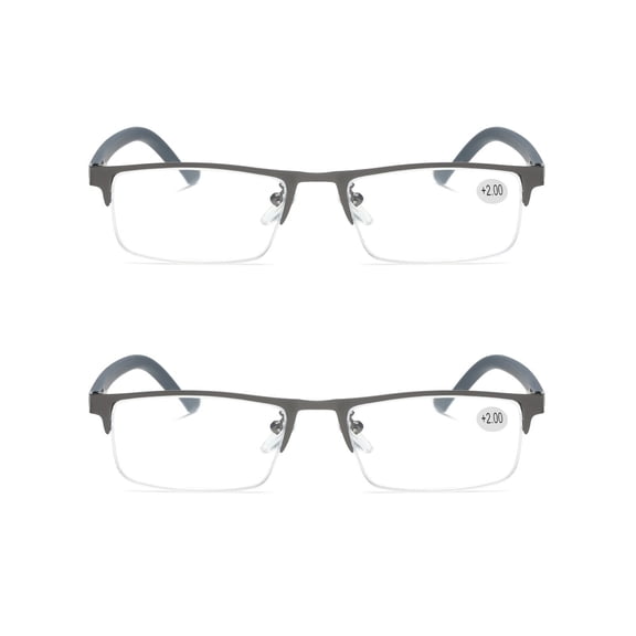 2 PK Men's Blue Light Blocking Reading Glasses - Rectangular Metal Half-Frame - Spring Hinge Readers +2.00
