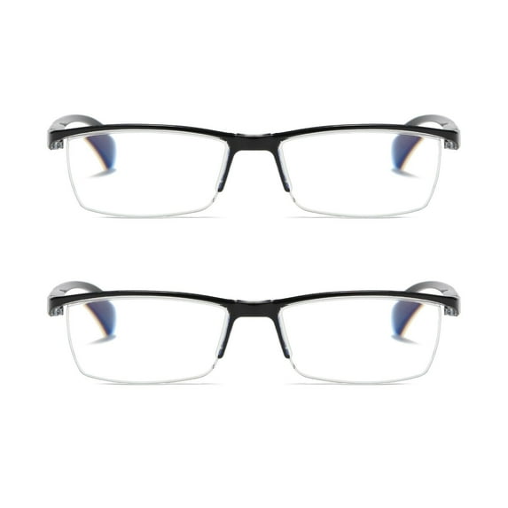 2 PK Mens Reading Glasses Readers - Rectangular Half-Frame - Lightweight & Spring Hinge - Block Harmful Blue Light +0.75