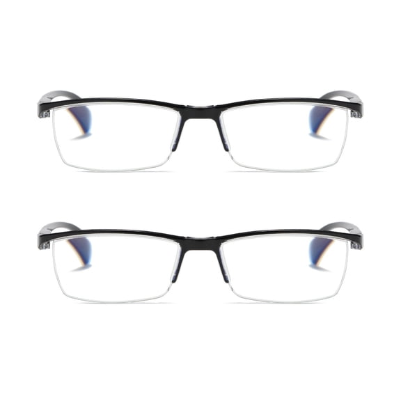 2 PK Mens Reading Glasses Readers - Rectangular Half-Frame - Lightweight & Spring Hinge - Block Harmful Blue Light +3.50