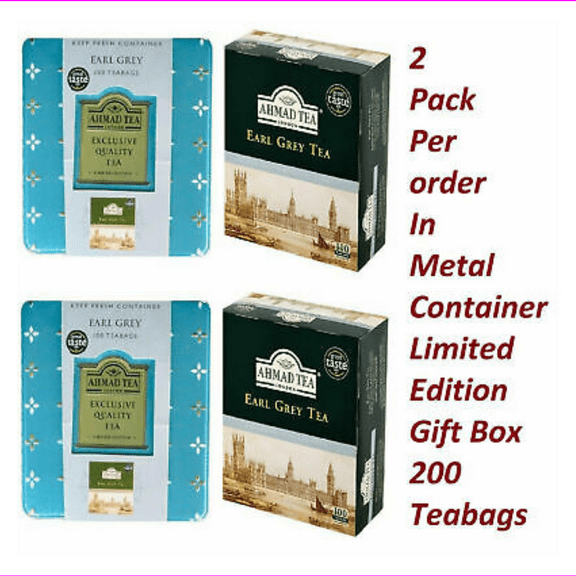 2 Pac Ahmad Tea Earl Grey 100 Tagged Teabags Limited Edition Gift Tin Container