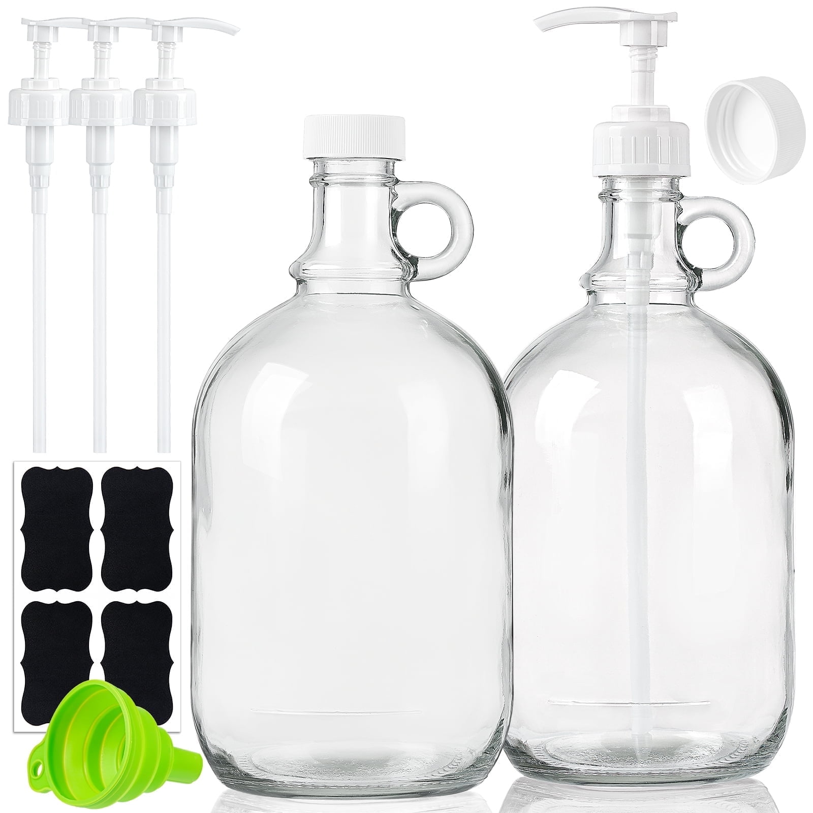 2 Pack 64 Oz Laundry Detergent Dispenser with Pump Clear Glass Soap Dispenser for Bathroom 1 gal Glass Pump Bottle for Laundry Soap Dispenser with Labels,Funnel