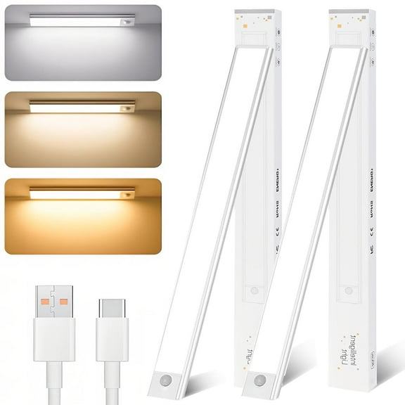20" Ultra-Thin Under Cabinet Lighting, 100 LED Wireless Rechargeable with Motion Sensor, Aluminum Alloy, 3 Color Adjustable (White/Warm/Natural), Magnetic Closet Lights (2 Pack, Silver)