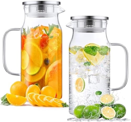 2 Pack 1.2 Liter 40 oz Small Glass Pitcher with Lid and Handle, Glass ...