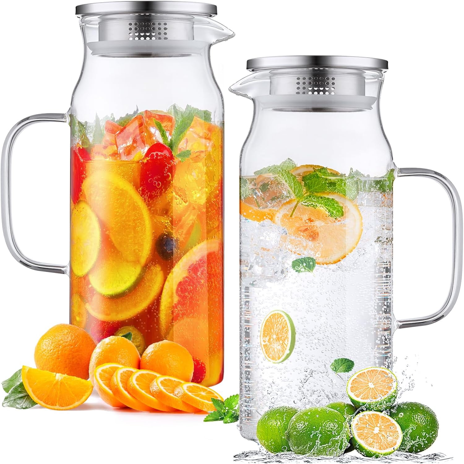 2 Pack 1.2 Liter 40 oz Small Glass Pitcher with Lid and Spout, Glass ...