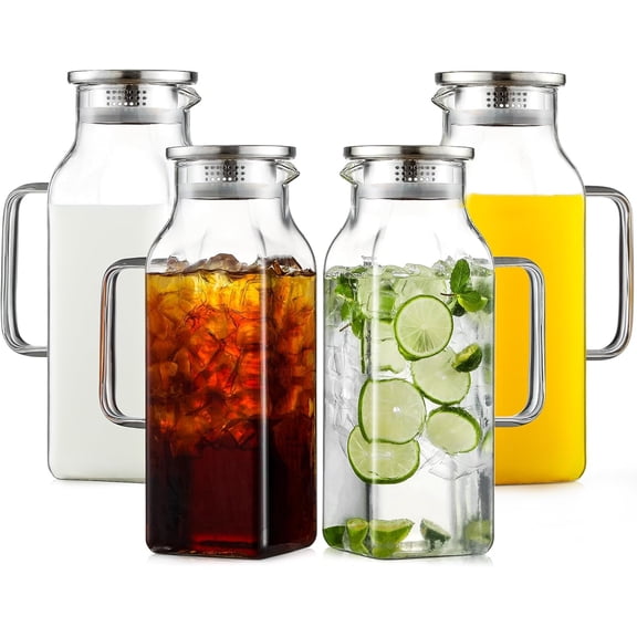 2 Pack 1.2 Liters/40 oz Small Square Glass Pitcher with Lid and Handle for Fridge, Iced Tea and Coffee Carafe Storage Container, Resistant to Hot and Cold Borosilicate Jug