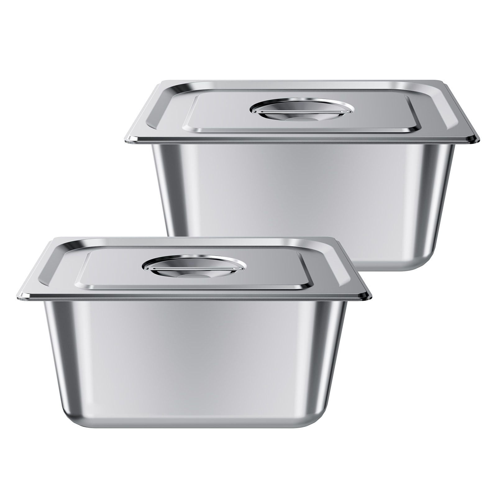 2-Pack 1/2 Size Stainless Steel Hotel Pans with Lids, 6 Inch Deep, 22-Gauge SS201, Temperature Range -40°F to 500°F, for Commercial Kitchens, Catering & Buffets