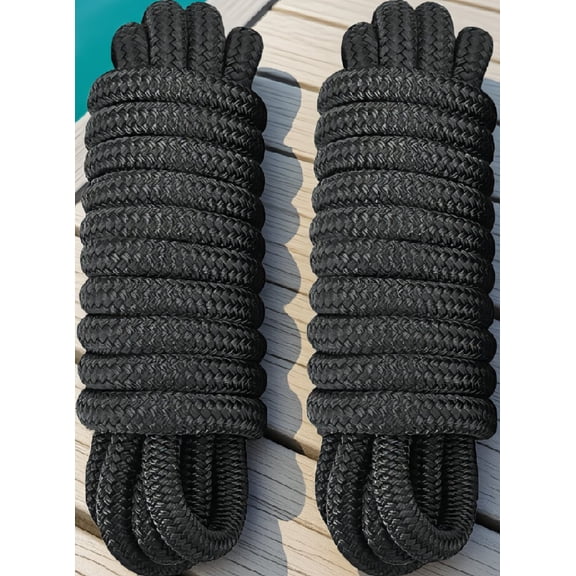 2 Pack 1/2 in x 20 ft Double Braided Nylon Dock Lines with 12 in for Boat Mooring - Black