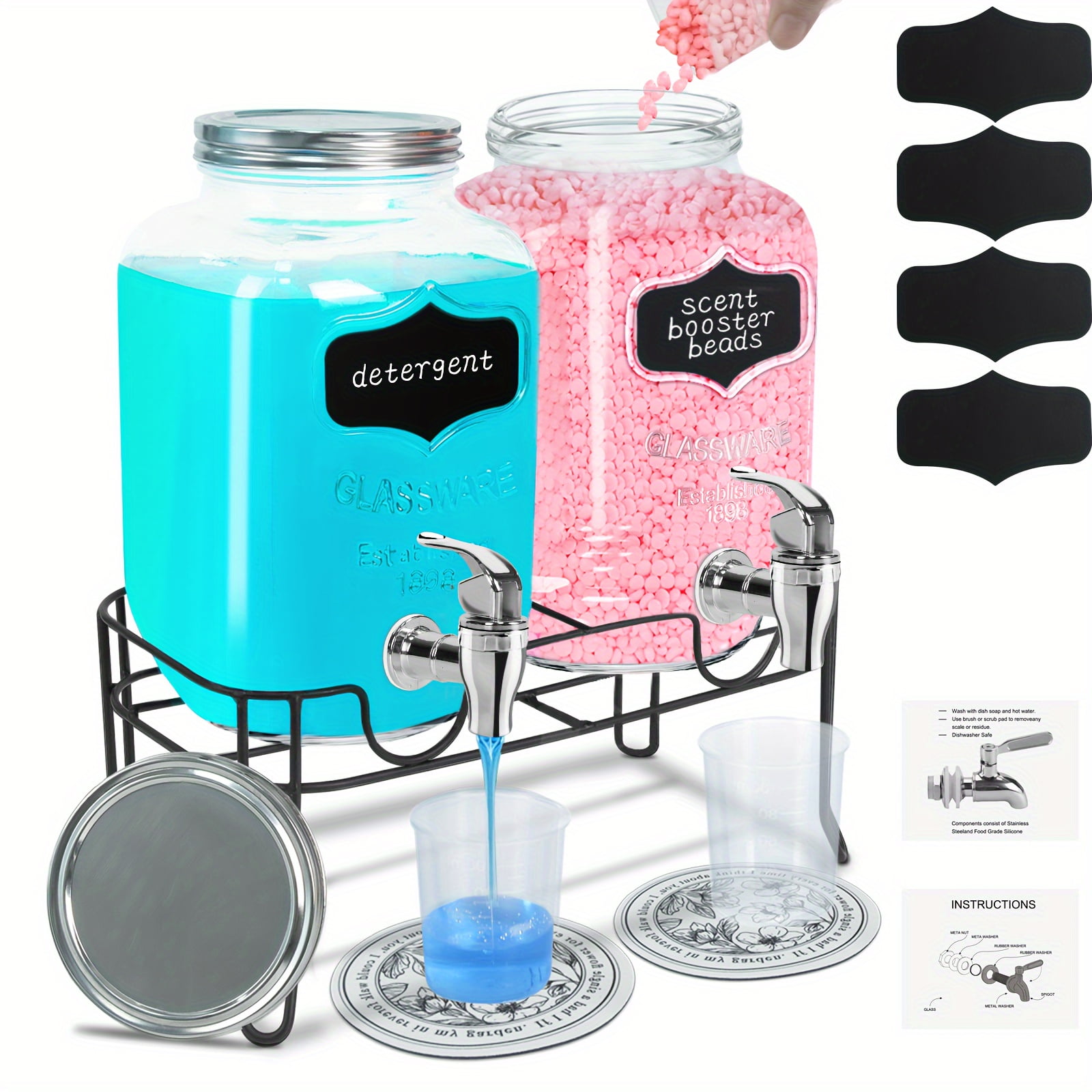 2Pack 1.25 Gallon Glass Laundry Detergent Dispensers with Faucets