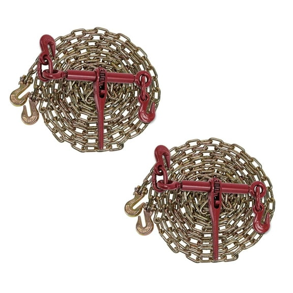 (2 Pack) 1/4" x 20' Grade 70 Chain Binder Kit with Grab Hook & 1/4" - 5/16" Load Binder - 3150 LBS WLL Transport Binder Tow Chain with Hooks - Heavy Duty Ratcheting Chain & Binder