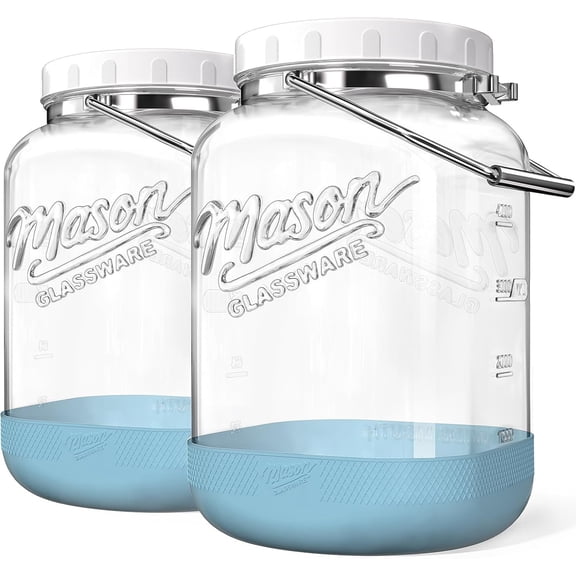 2 Pack 1.5 Gallon Glass Jar With Airtight Lid, Large Mason Jars Wide Mouth with Scale Marks, Big Glass Storage Containers with Heavy-duty Handles & Non-slip Bases - for Flour, Pickling (192Oz