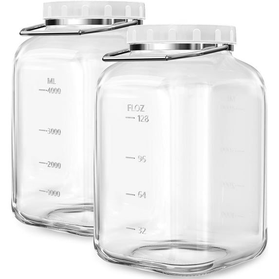 2 Pack 1.5 Gallon Glass Jar with Lid Wide Mouth, Large Mason Jar with Airtight Screw Lid and Handle, Clear Glass Storage Containers with 2 Scale Mark for Flour, Cookie, Candy, Kombucha and Fermention
