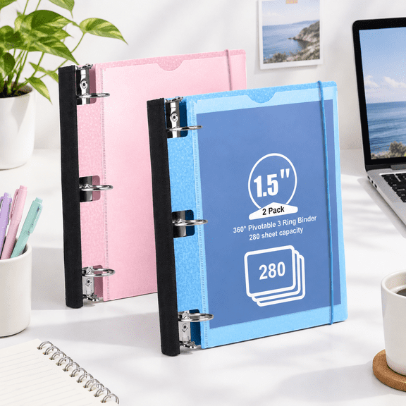 2 Pack 1.5-inch 3 Ring Binder 360° Pivotable Foldable Binders