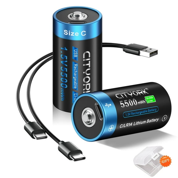 2 Pack 1.5V USB Rechargeable Lithium Batteries, Constant Output C Cell Li-ion Batteries, Fast Charging,5500mWh