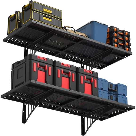 2 Pack 1.5x3.6ft Heavy Duty Garage Wall Shelving Set, Black Floating Shelves 530 lbs Load Capacity, Garage Shelves Wall Mounted for Power Tools, Garden Supplies, Storage Bins