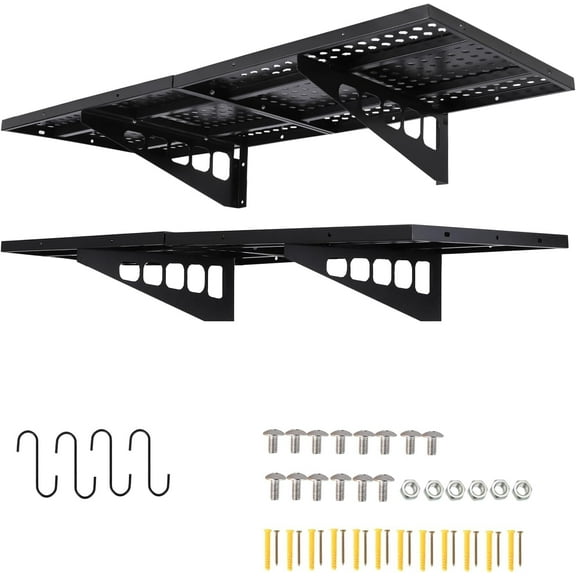 2-Pack 1.6x4ft Garage Wall Shelving, 20-inch-by-48-inch Heavy Duty Wall Shelf Garage Storage Rack Floating Shelves with Hooks