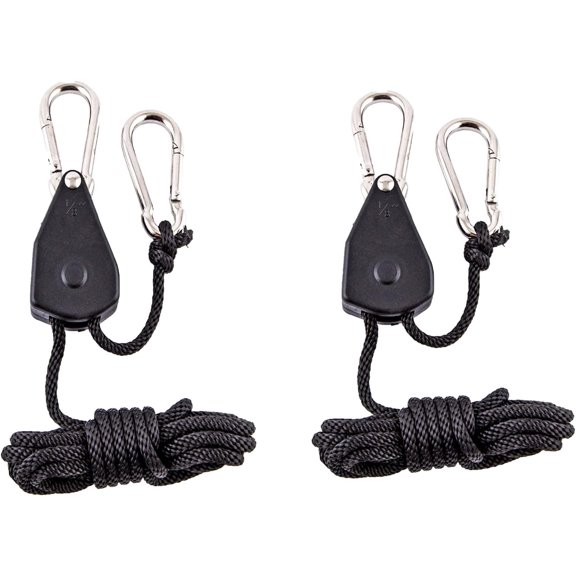2 Pack 1/8in Heavy Duty Rope Hanger, Adjustable Ratchet Plant Light Slings Buckle Tent Canopy Rope Stop Buckle Tent Guy Ropes with Pulley for Outdoor Camping Hiking150 LB Capacity per Pair