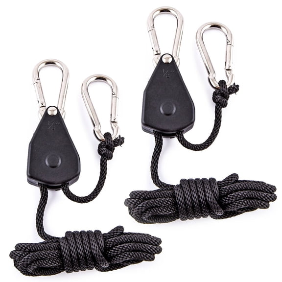 2 Pack 1/8in Heavy Duty Rope Hanger, Adjustable Ratchet Plant Light Slings Buckle Tent Canopy Rope Stop Buckle Tent Guy Ropes with Pulley for Outdoor Camping Hiking