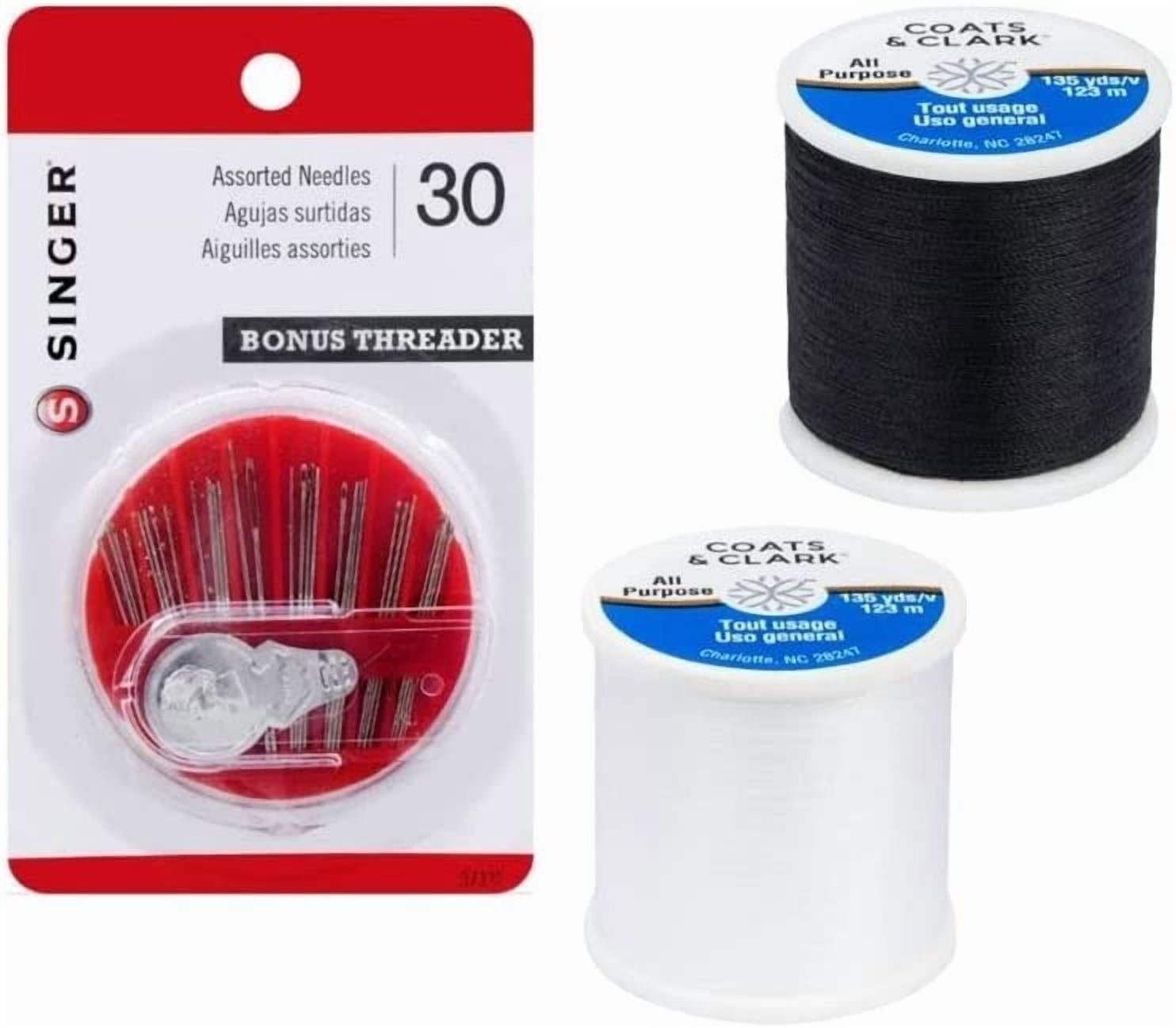 2 Pack - 1 Black and 1 White Dual Duty All Purpose Thread - 135 Yards Each Spool - Bundled with 30 Assorted Hand Needles and Needle Threader