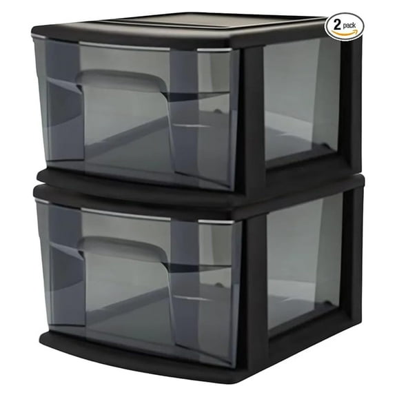 2-Pack 1-Drawer Storage Cart, Plastic Container w/Smoke Tint, 14.25" Wide Medium, Black Frame - Organizing Drawer Containers for Home, Bathroom, Bedroom, Office, and Classroom