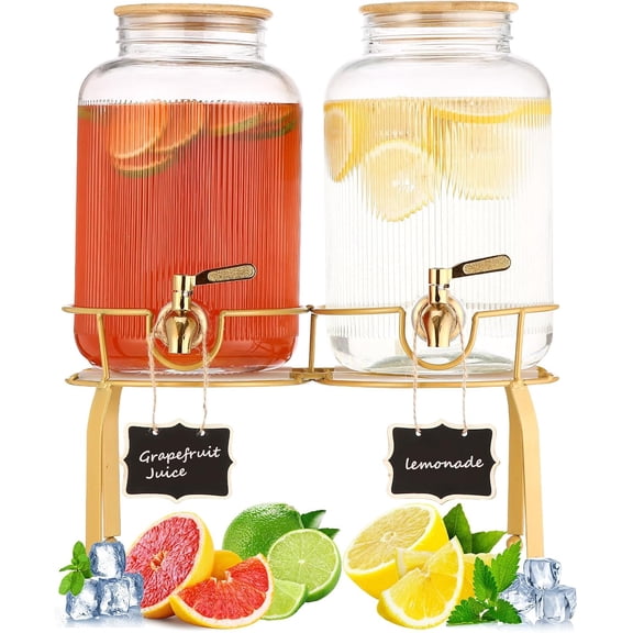 2 Pack 1 Gallon Glass Beverage Dispenser with Stand, Leakproof Stainless Steel Spigot & Bamboo Lid Drink Container for Sun Tea Juice Lemonade Party Use
