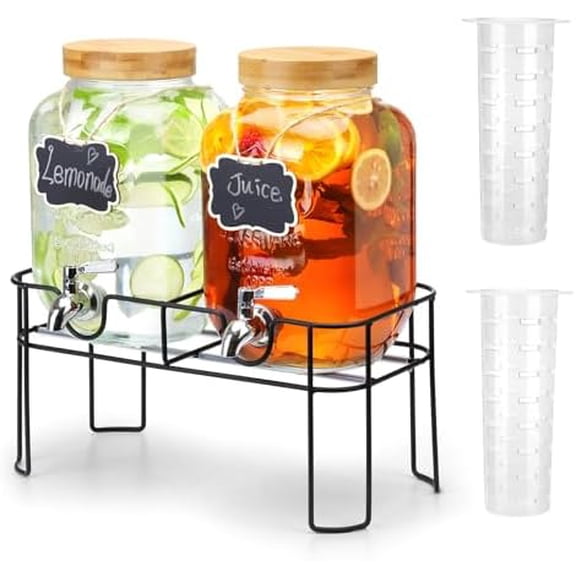 2 Pack 1 Gallon Glass Drink Dispenser with Bamboo Lid, Beverage Dispenser with Stand, Drink Machine for Lemonade, Iced Drinks Kombucha Dispenser$$Home Decor, Kitchen, & Other
