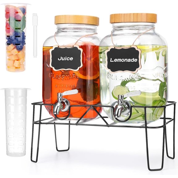 2 Pack 1 Gallon Glass Drink Dispenser with Bamboo Lids, Beverage Dispenser with Stand, Drink Machine for Lemonade, Iced Drinks Kombucha Dispenser for Parties