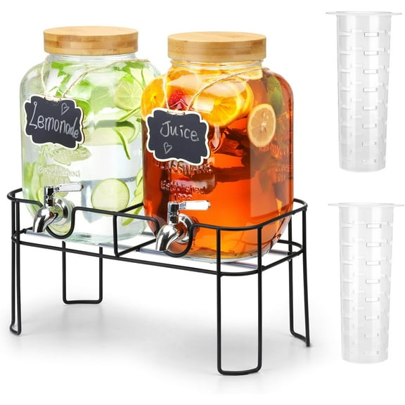 2 Pack 1 Gallon Glass Drink Dispenser with Bamboo Lid, Beverage Dispenser with Stand, Drink Machine for Lemonade, Iced Drinks Kombucha Dispenser