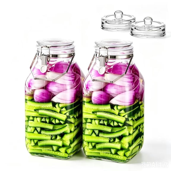 2 Pack 1 Gallon Glass Fermentation Jars with Weighted Stone Glass Storage Containers for Canning, Flour, Sugar, Rice, Pickled Eggs,Square