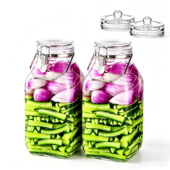 2 Pack 1 Gallon Glass Fermentation Jars with Weighted Stone Glass Storage Containers for Canning, Flour, Sugar, Rice, Pickled Eggs,Square
